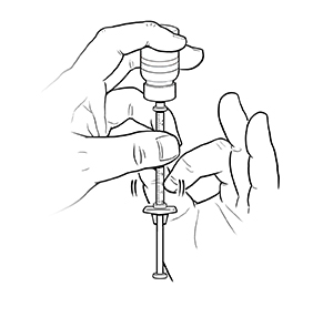 Hands holding syringe under vial. Plunger pulled out. Finger tapping syringe to remove air bubbles.